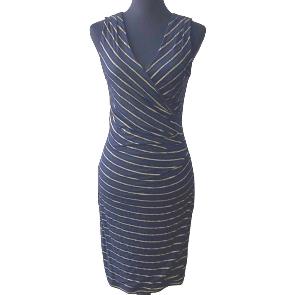 Ann Taylor‎ Loft Metallic Striped Ruched Faux Wrap Navy Gold Dress Womens Small